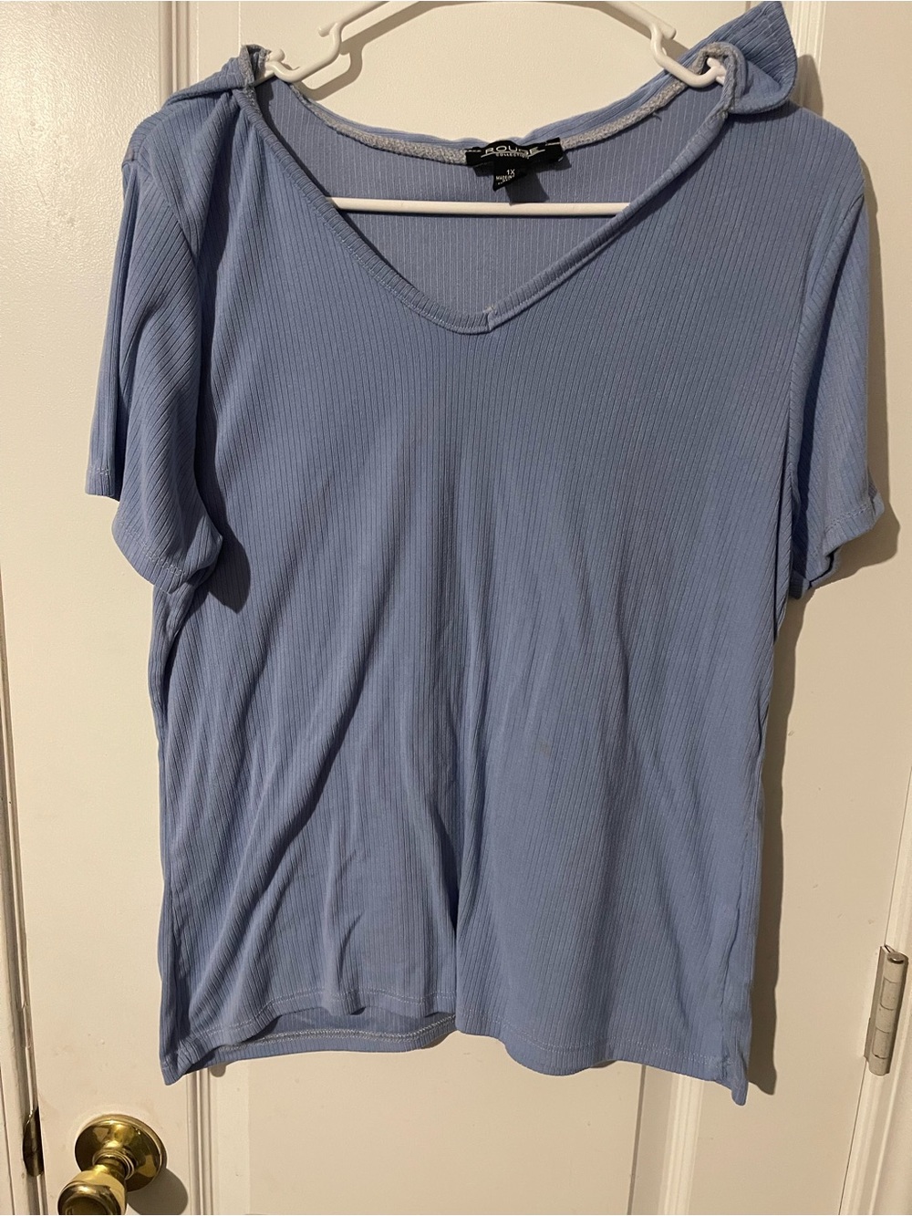 Rouge Helium Light Blue Ribbed V-Neck Short Sleeve Top